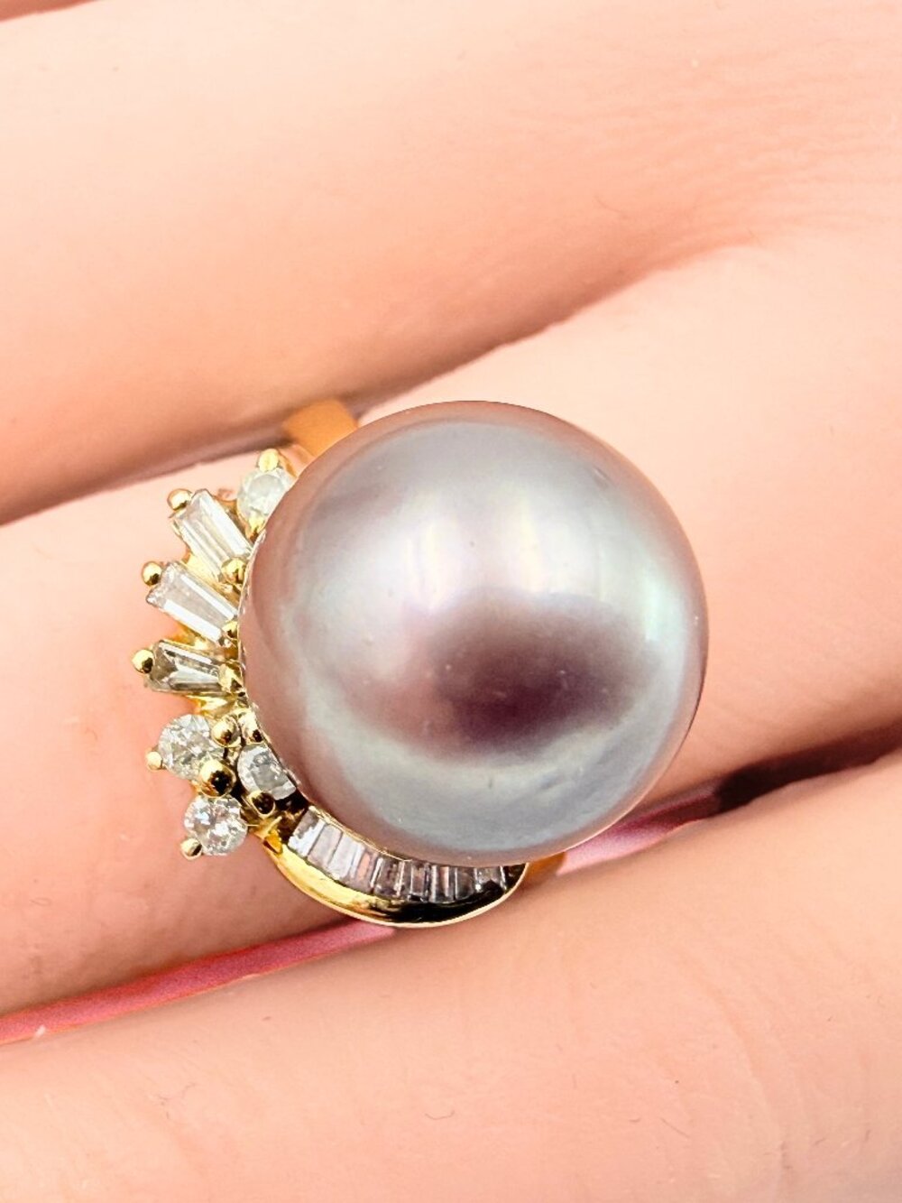 Estate 18K Marked Yellow Gold Black Tahitian Cultured Pearl Diamond Ring Sz 6